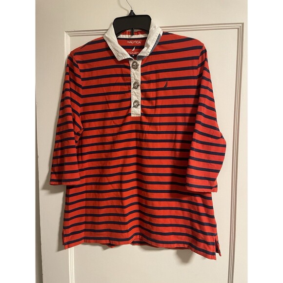 Nautica Women’s Quarter Sleeve Polo Shirt, Red And Navy Stripes With Toggles, XL - Picture 2 of 7